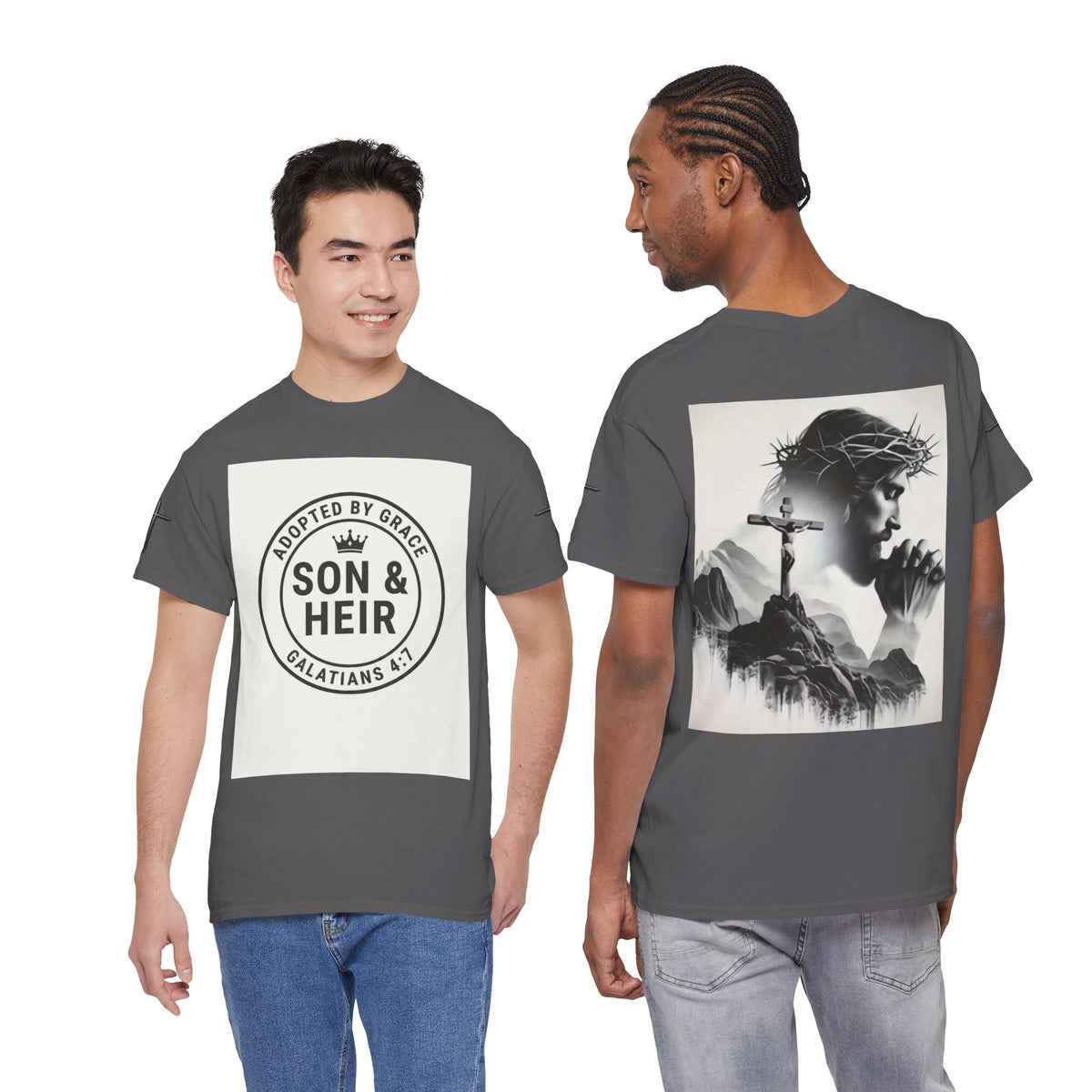 Christian Son & Heir T-Shirt — 'Adopted by Grace' Faith Tee with Jesus Prayer Design