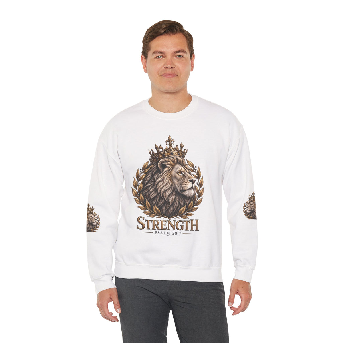 Strength Lion Crewneck Sweatshirt — Psalm 28:7 Inspirational Pullover