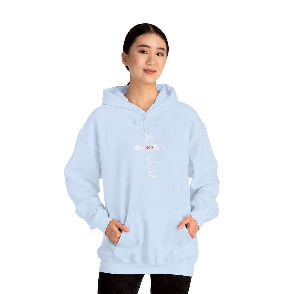 Christian Cross Hoodie - "He Renewed Me" Word Cloud Faith Sweatshirt