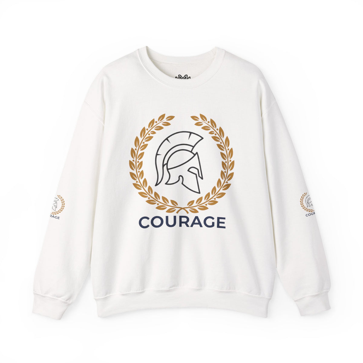 Courage Spartan Helmet Crewneck Sweatshirt — "Courage" with Laurel & Psalm 121:1-2