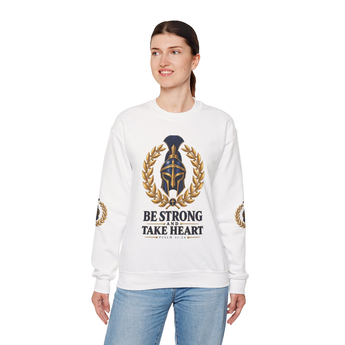 Crewneck Sweatshirt — "Be Strong and Take Heart" Psalm 31:24 Spartan Helmet Design