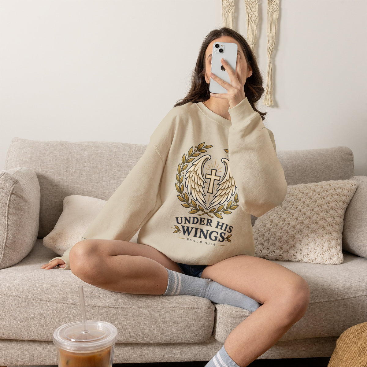 Under His Wings Crewneck Sweatshirt — Christian Cross & Angel Wings Psalm Design