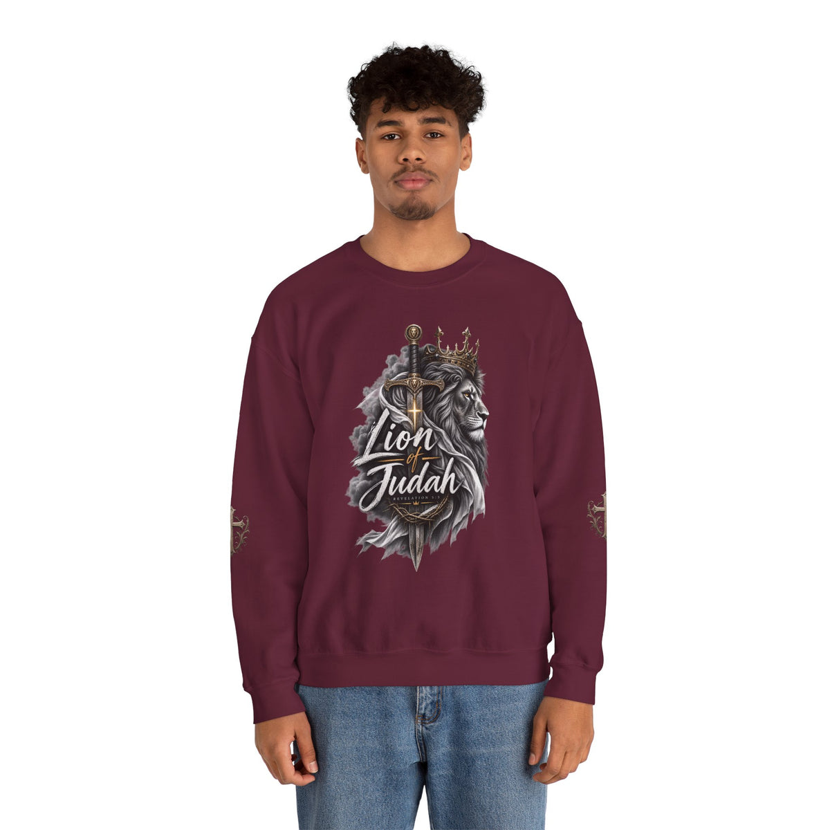 Lion of Judah Sweatshirt — Christian Lion Crewneck with Crown & Ichthys Back