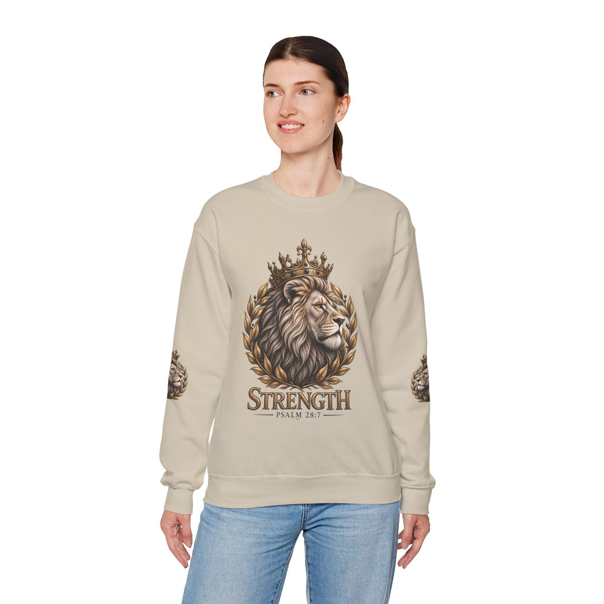 Strength Lion Crewneck Sweatshirt — Psalm 28:7 Inspirational Pullover