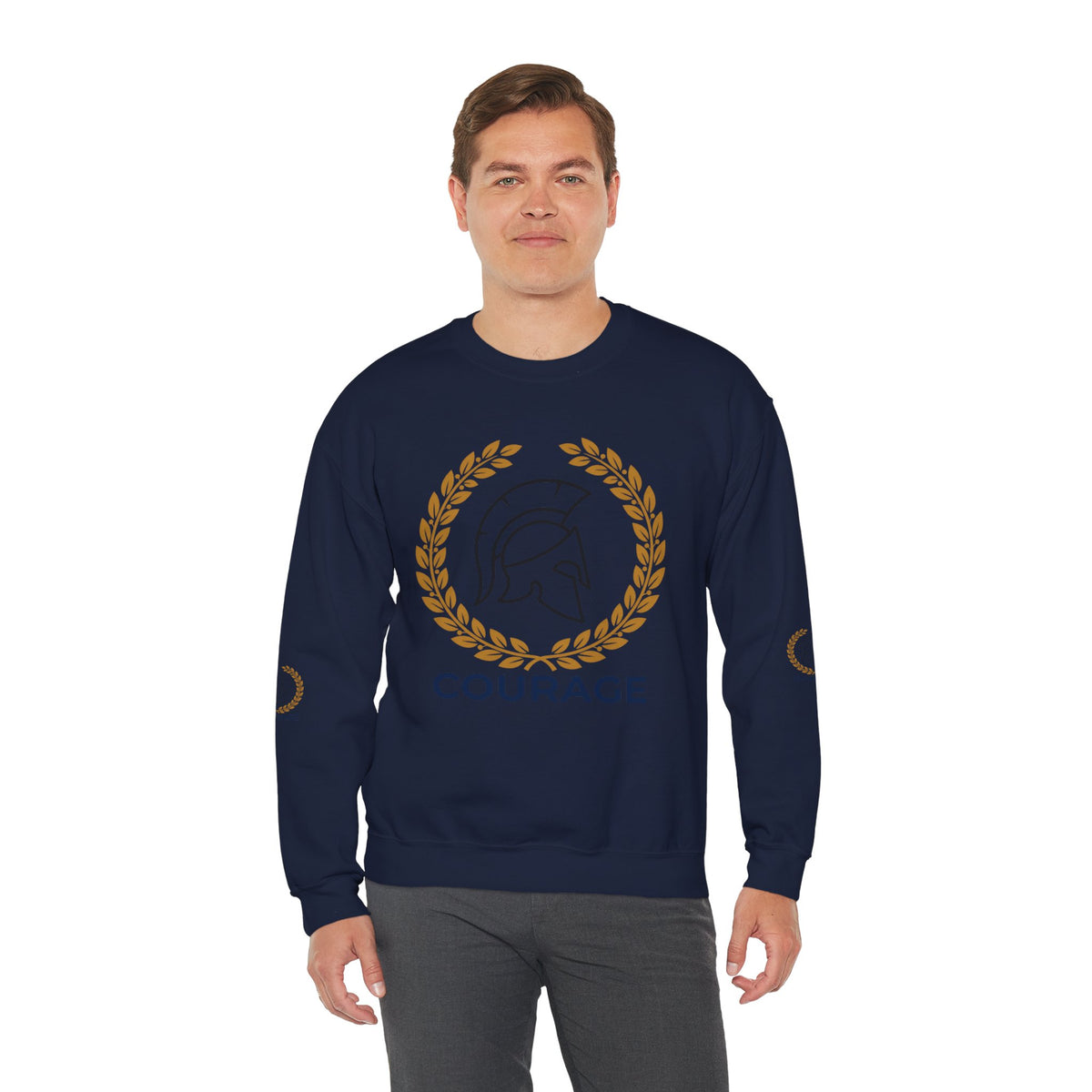 Courage Spartan Helmet Crewneck Sweatshirt — "Courage" with Laurel & Psalm 121:1-2