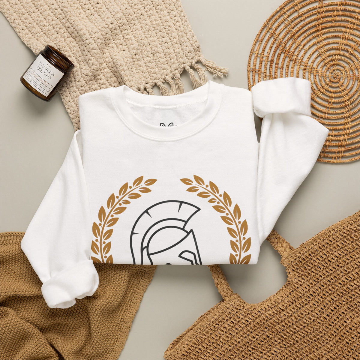 Courage Spartan Helmet Crewneck Sweatshirt — "Courage" with Laurel & Psalm 121:1-2