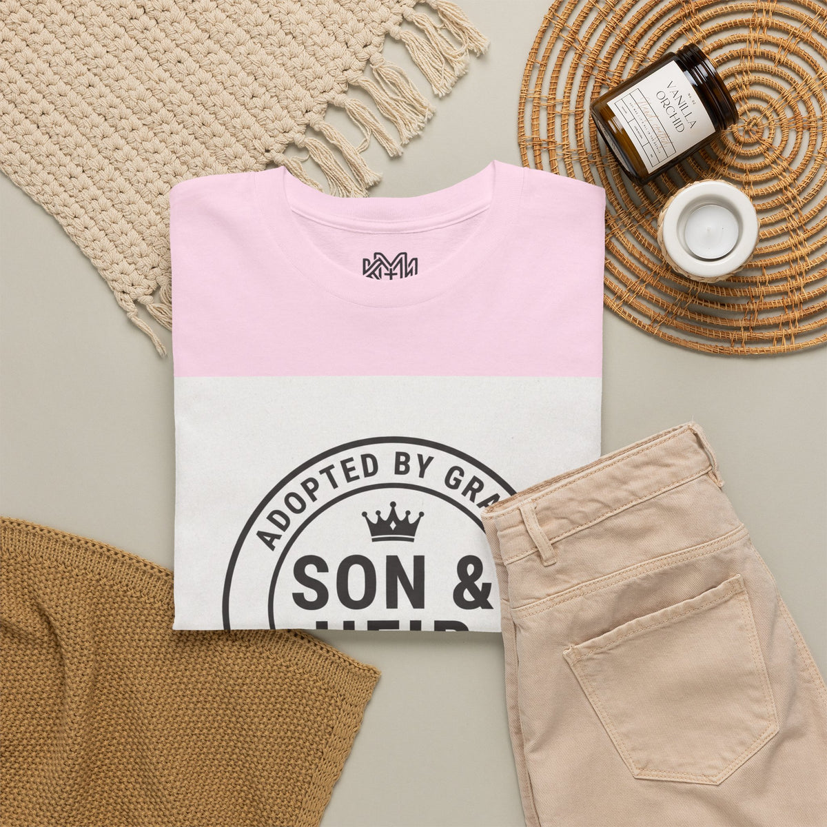 Christian Son & Heir T-Shirt — 'Adopted by Grace' Faith Tee with Jesus Prayer Design
