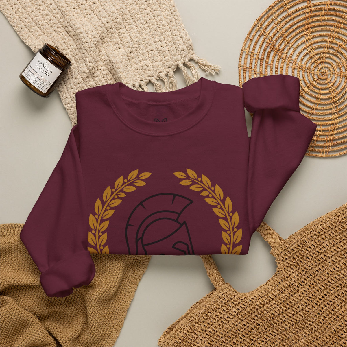 Courage Spartan Helmet Crewneck Sweatshirt — "Courage" with Laurel & Psalm 121:1-2
