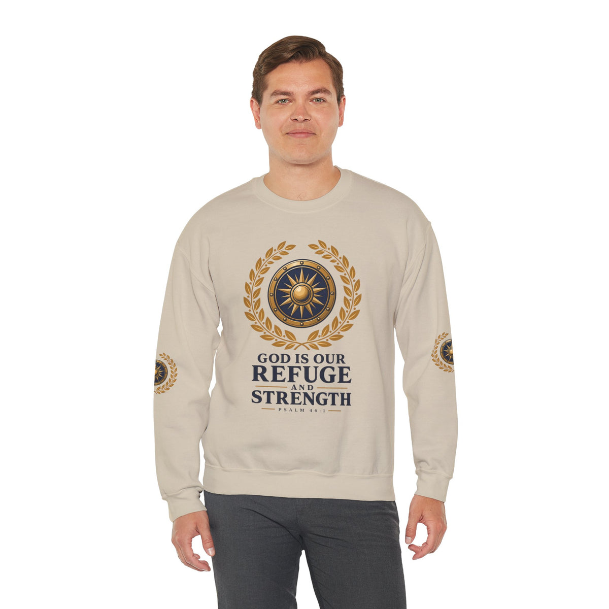 Crewneck Sweatshirt — “God Is Our Refuge and Strength” Psalm 46:1 Christian Faith Pullover