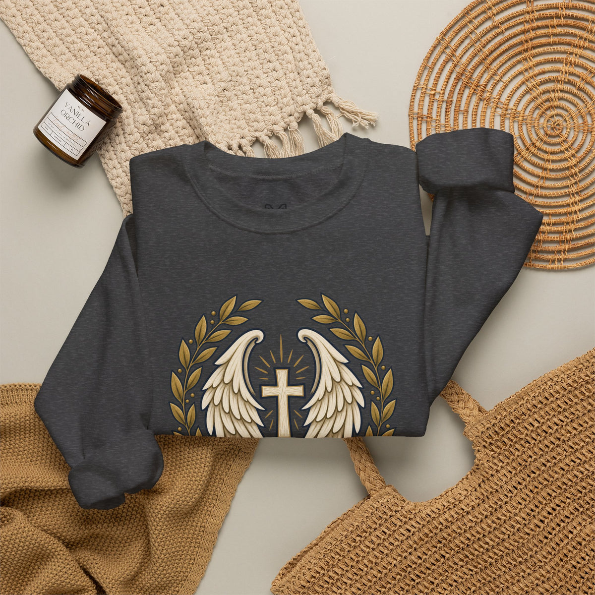 Under His Wings Crewneck Sweatshirt — Christian Cross & Angel Wings Psalm Design