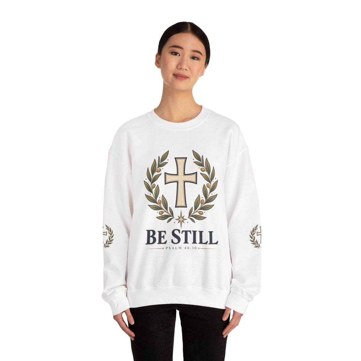 Crewneck Sweatshirt — "Be Still" Psalm 46:10 Christian Cross Design