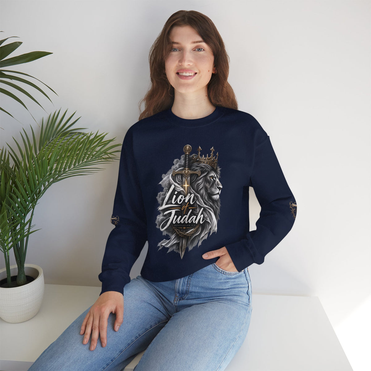 Lion of Judah Sweatshirt — Christian Lion Crewneck with Crown & Ichthys Back