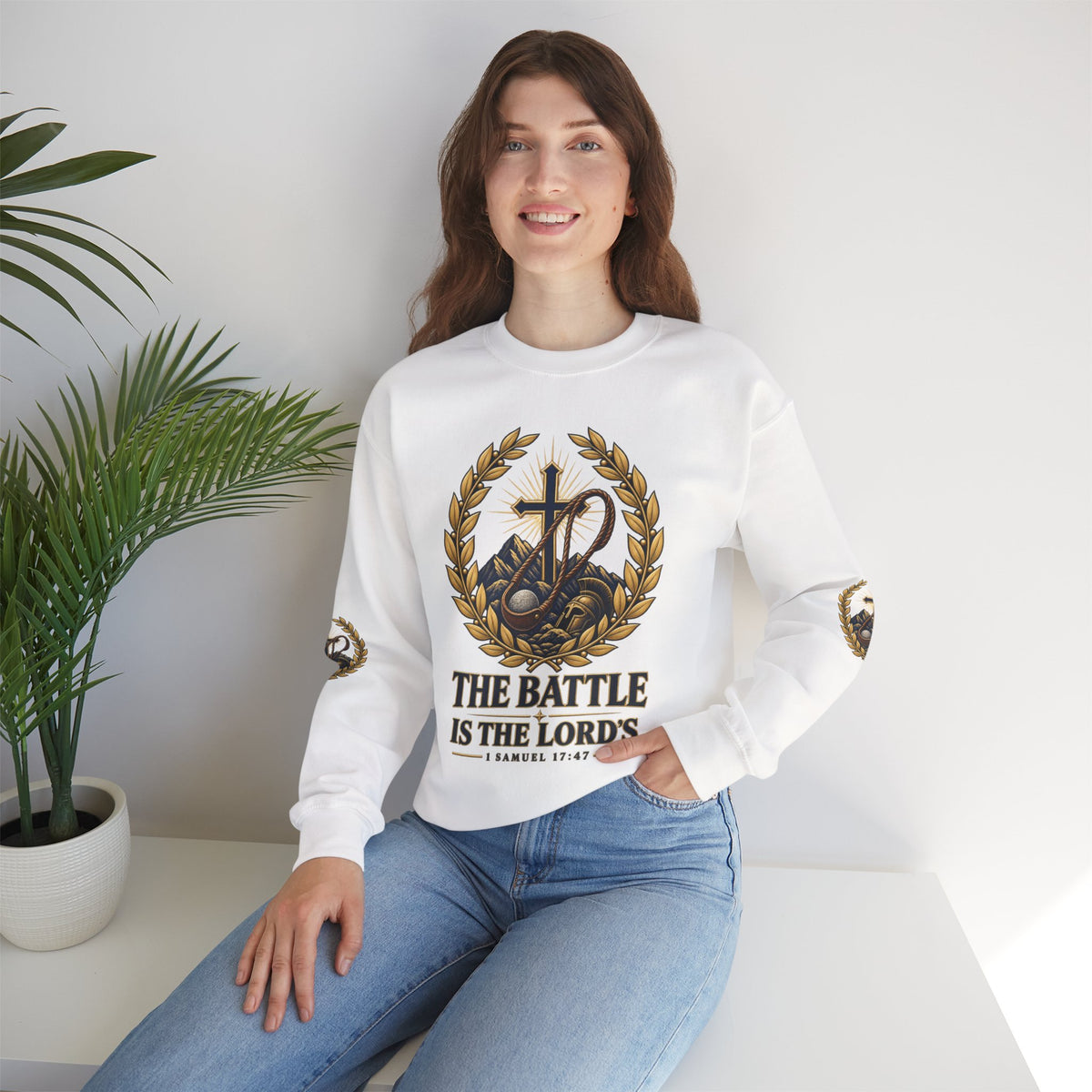 Religious Crewneck Sweatshirt — "The Battle Is The Lord's" (1 Samuel 17:47)
