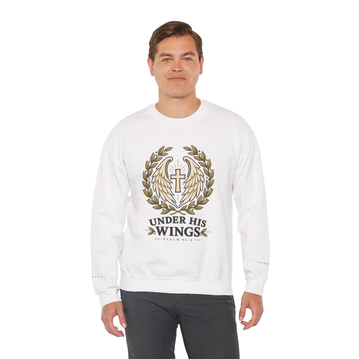 Under His Wings Crewneck Sweatshirt — Christian Cross & Angel Wings Psalm Design