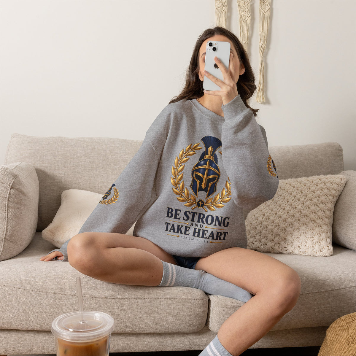 Crewneck Sweatshirt — "Be Strong and Take Heart" Psalm 31:24 Spartan Helmet Design