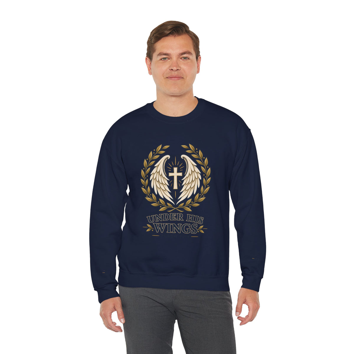 Under His Wings Crewneck Sweatshirt — Christian Cross & Angel Wings Psalm Design