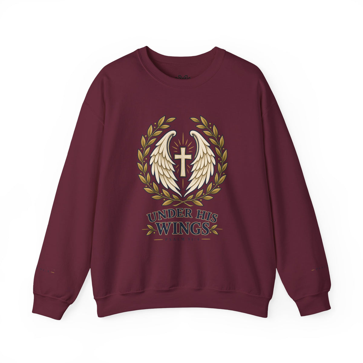 Under His Wings Crewneck Sweatshirt — Christian Cross & Angel Wings Psalm Design