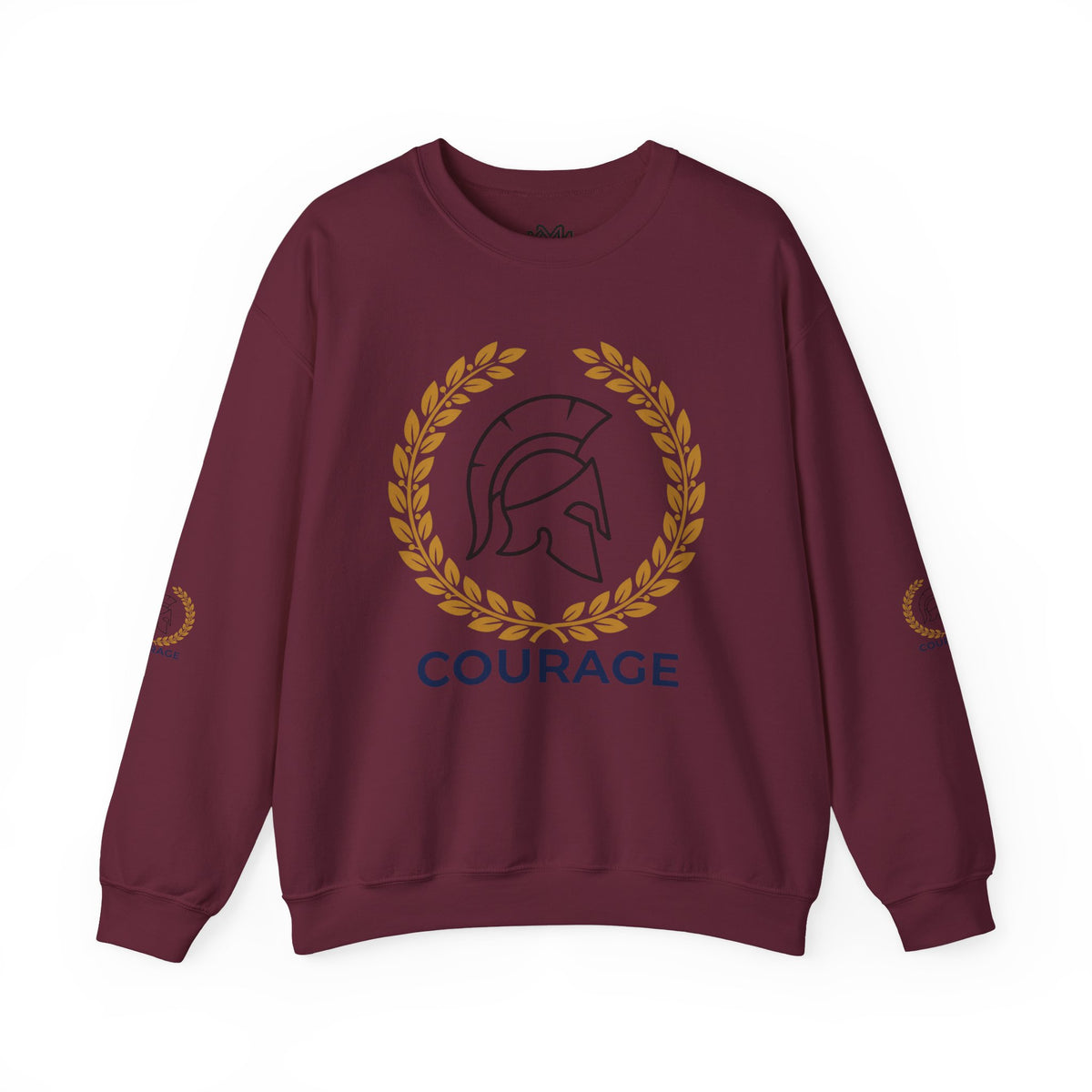 Courage Spartan Helmet Crewneck Sweatshirt — "Courage" with Laurel & Psalm 121:1-2