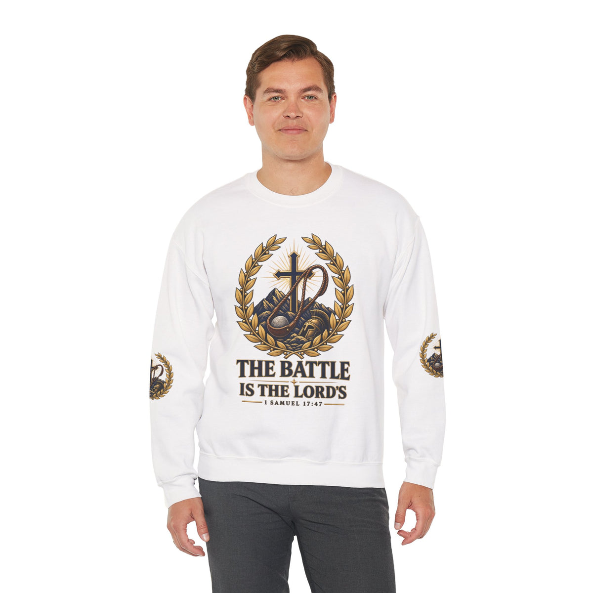 Religious Crewneck Sweatshirt — "The Battle Is The Lord's" (1 Samuel 17:47)