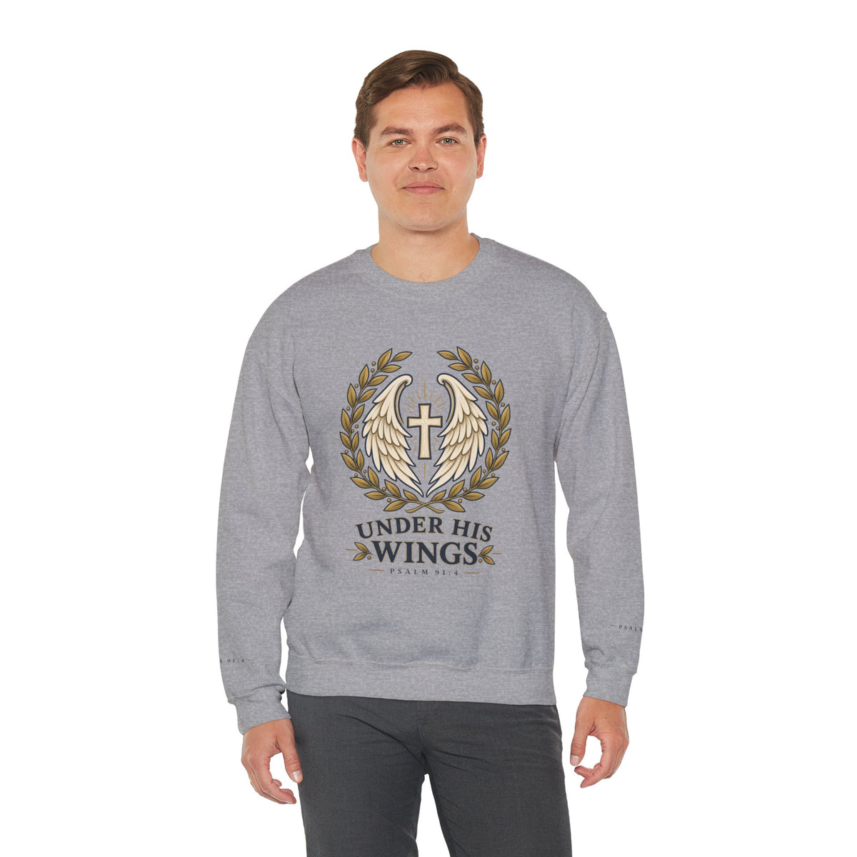 Under His Wings Crewneck Sweatshirt — Christian Cross & Angel Wings Psalm Design