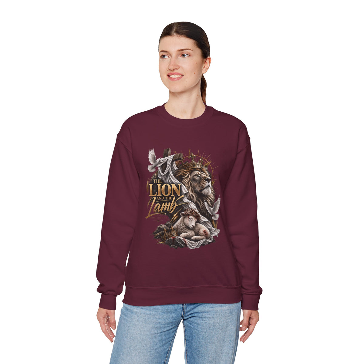 Lion and Lamb Crewneck Sweatshirt — "The Lion and the Lamb" Christian Graphic Pullover