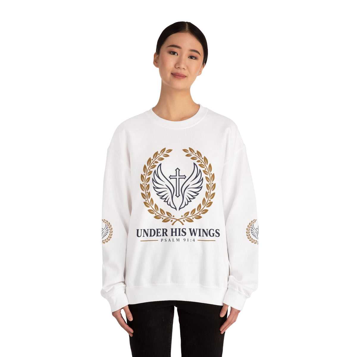 Religious Crewneck Sweatshirt – “Under His Wings” Psalm 91:4 Christian Pullover