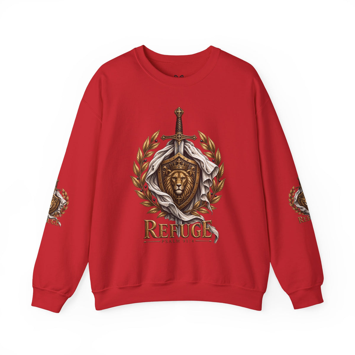 Crewneck Sweatshirt — 'Refuge' Lion & Sword Psalm 91:4 Christian Pullover