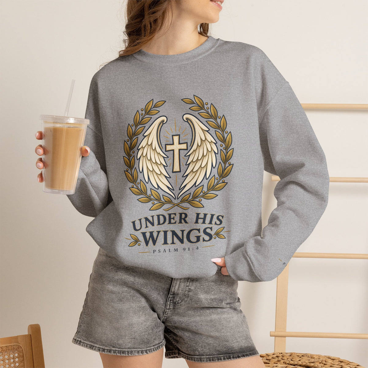 Under His Wings Crewneck Sweatshirt — Christian Cross & Angel Wings Psalm Design