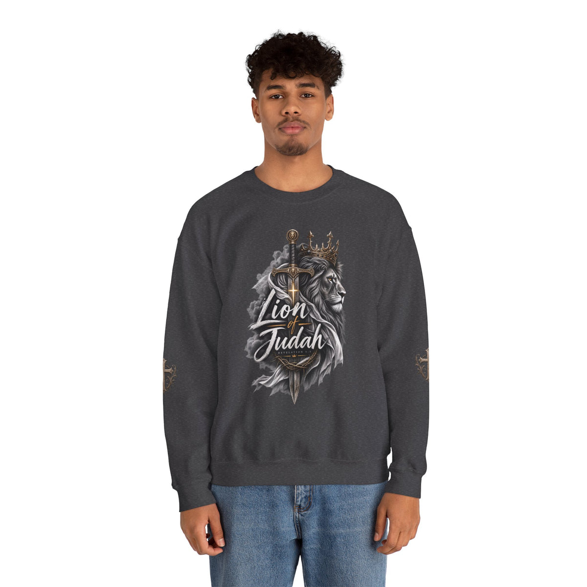 Lion of Judah Sweatshirt — Christian Lion Crewneck with Crown & Ichthys Back