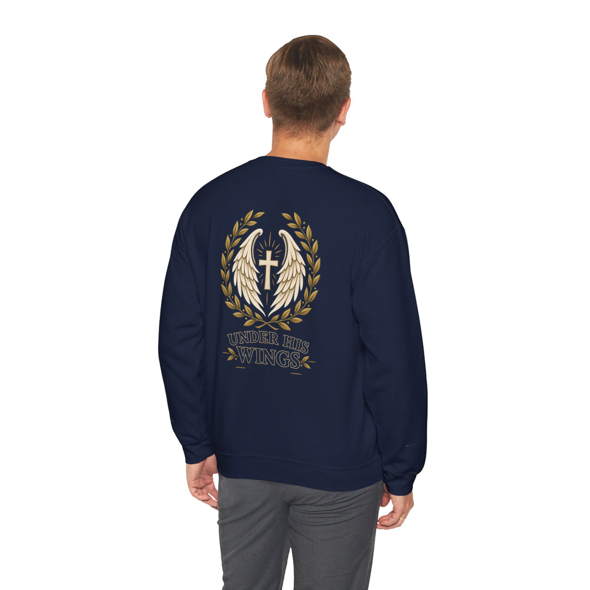 Under His Wings Crewneck Sweatshirt — Christian Cross & Angel Wings Psalm Design
